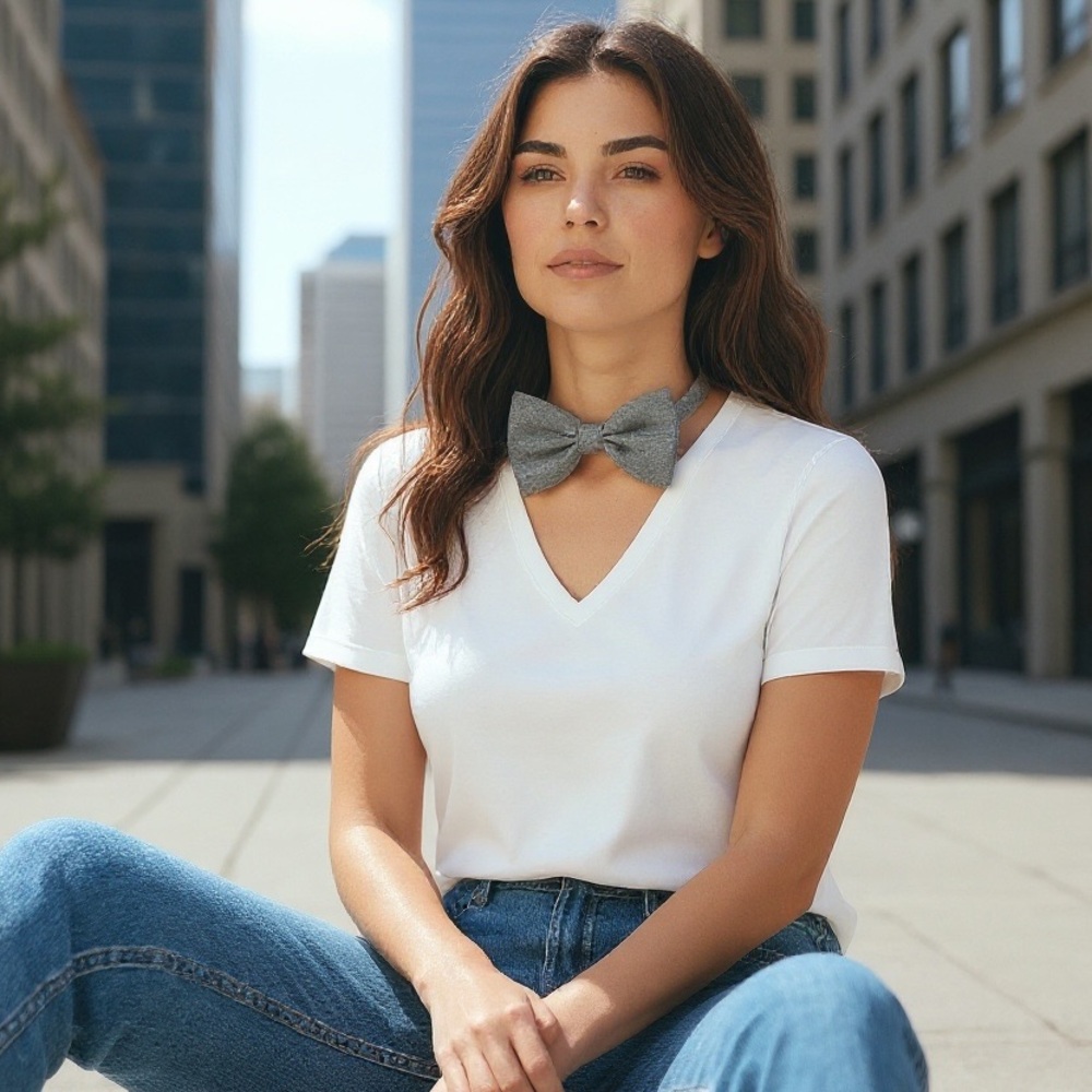 VINTAGE BOW TIE CHOKER Twilly like Gray silk necklace​ business formal casual
